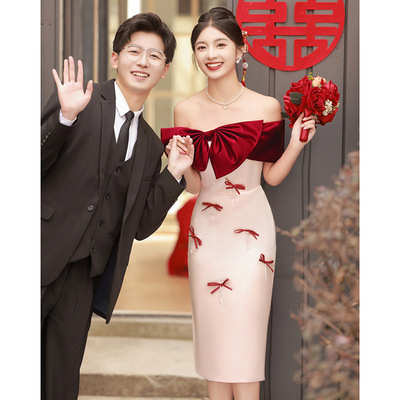 日本品质一字肩敬酒服新娘2025新款订婚礼服女红色连衣裙平时可穿
