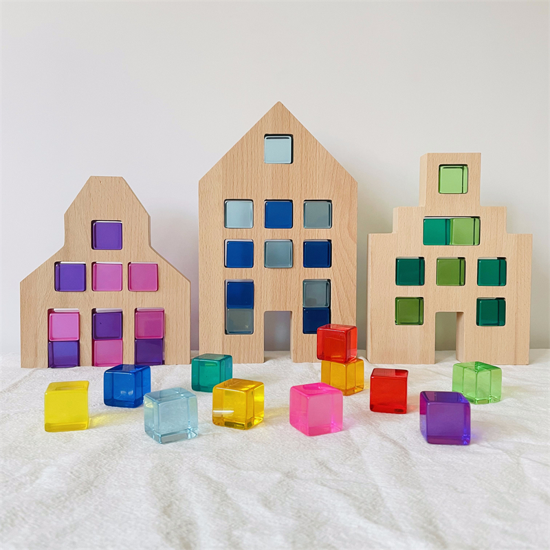 Dutch Wood Houses Lucite Cubes Blocks Rainbow Acrylic Buildi