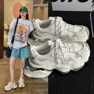 多维空间时尚 新款 休 女2025年夏季 日本品质真皮厚底增高脏脏老爹鞋