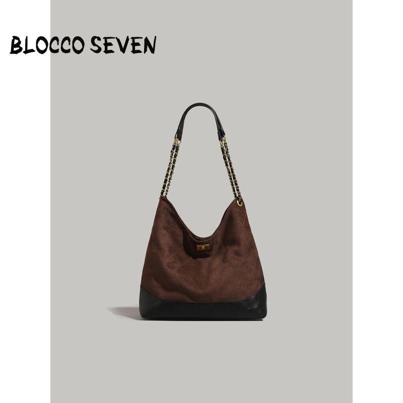 BLOCCO SEVEN撞色麂皮绒链条手提包百搭菱格托特包时尚外出斜挎包