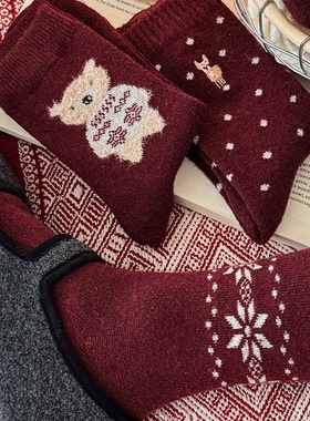 新年开运红2026本命年复古波点刺绣羊毛加厚保暖卡通中筒袜DF