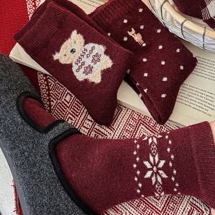 新年开运红2026本命年复古波点刺绣羊毛加厚保暖卡通中筒袜DF