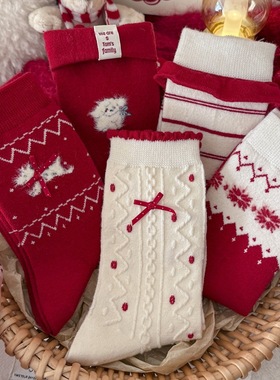 2026新年大红保暖羊毛袜蝴蝶结条纹卡通马年红色堆堆中筒袜女DF