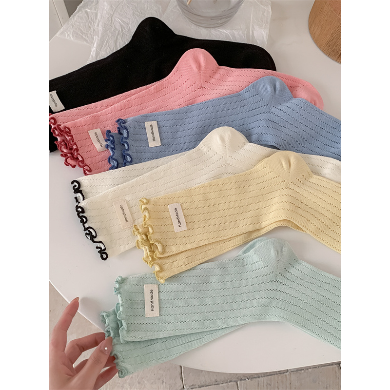 4双装 夏季木耳边布标堆堆少女袜薄荷曼波中筒袜网眼学院可露丽风