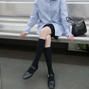 比我先认出你2026春简约纯色棉袜质感黑色长筒袜显瘦压力小腿袜女