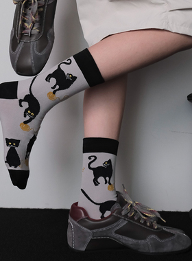 ZeroG 新品秋冬猫咪黑色系空灵感素描线条满身复古罗曼风中筒袜DF