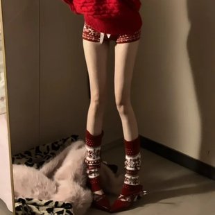 来日方长2025冬费尔岛雪花保暖针织堆堆袜套圣诞新年红小腿袜女DF