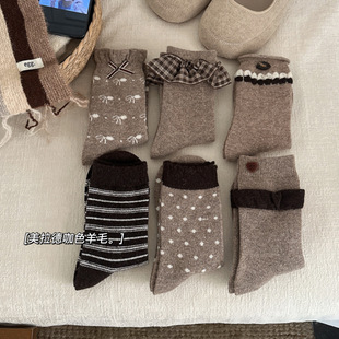2025冬季 保暖无骨羊毛袜ins堆堆袜中筒袜DF 加厚袜咖色小红书同款