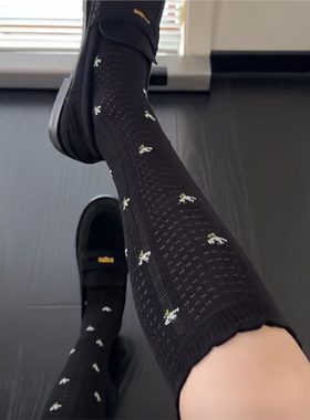 2双装 春夏复古碎花鱼骨纹镂空小腿袜经典黑色系单品高级时髦堆堆