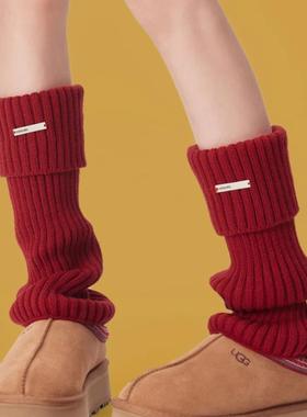 2双装 冬季创意条纹布标新年本命年红色堆堆袜