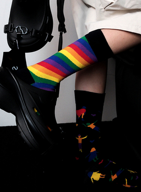 ZeroG 新品初秋黑色系不对称AB彩虹条童年小人中筒袜多巴胺少女DF