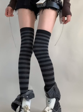 风格我定】秋冬复古条纹过膝保暖大腿袜简约时尚显瘦长筒袜女