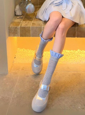 2双装 夏季格雷系花边ins复古格纹中筒袜千金感miu芭蕾风氛围穿搭