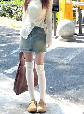 2双装 奶色拼接过膝大腿可堆堆夏天可性感个性穿搭
