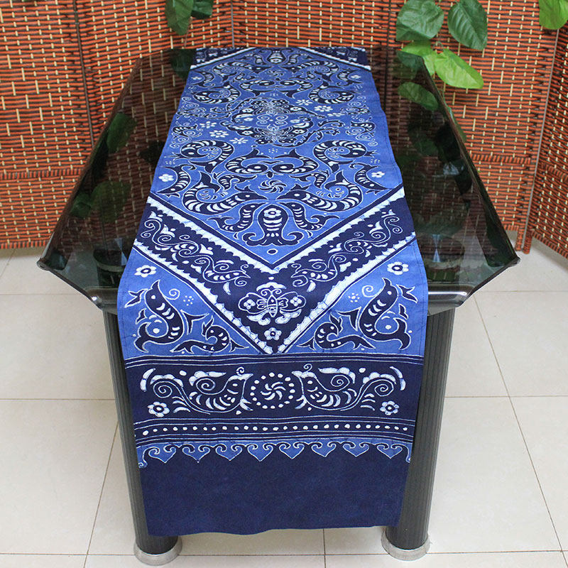 手工蜡染画桌旗苗族传统布艺蓝染长桌巾苗家鱼龙禅意茶席茶几台布