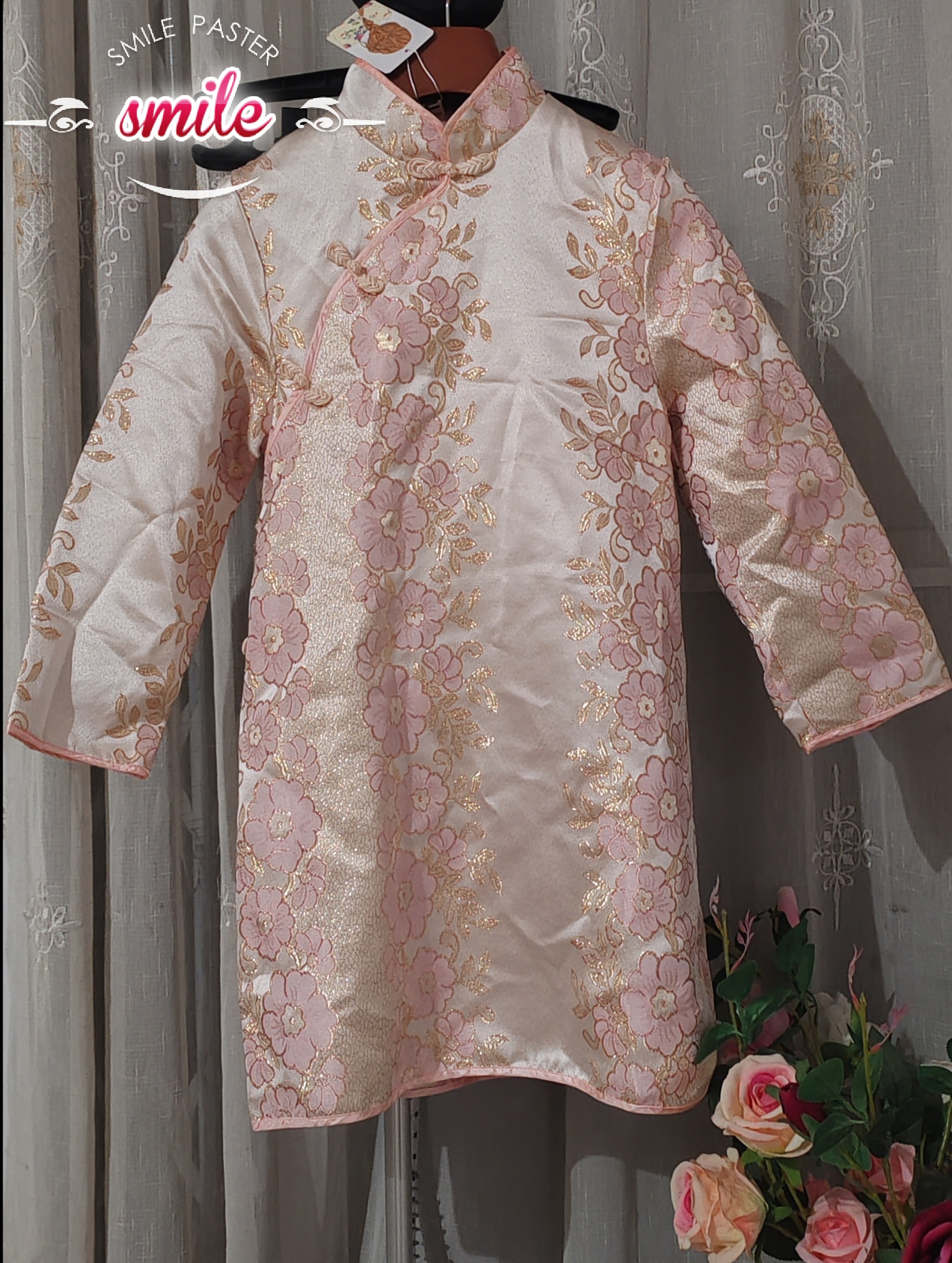 秋冬新款高级感气质新中式国风旗袍粉色夹薄棉提花长袖裙上衣