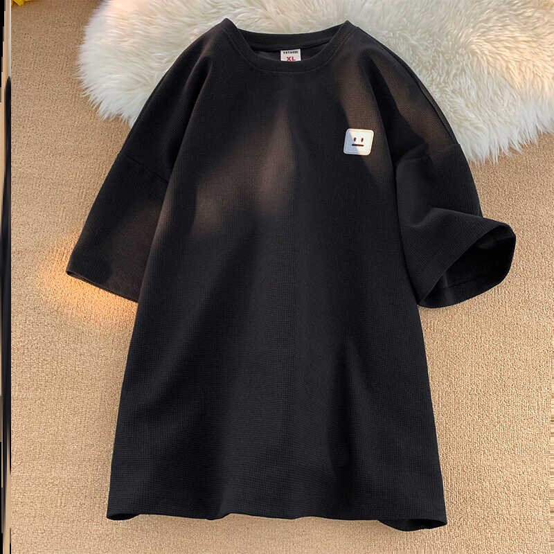 来图百搭中性风ins衣服夏季华夫格五分短袖t恤男a01定做纯色男士