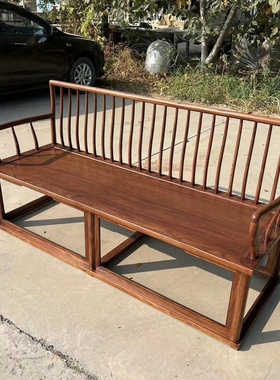 新中式实木长条椅北方老榆木禅意打坐椅双人椅三人梳背仿古沙发椅