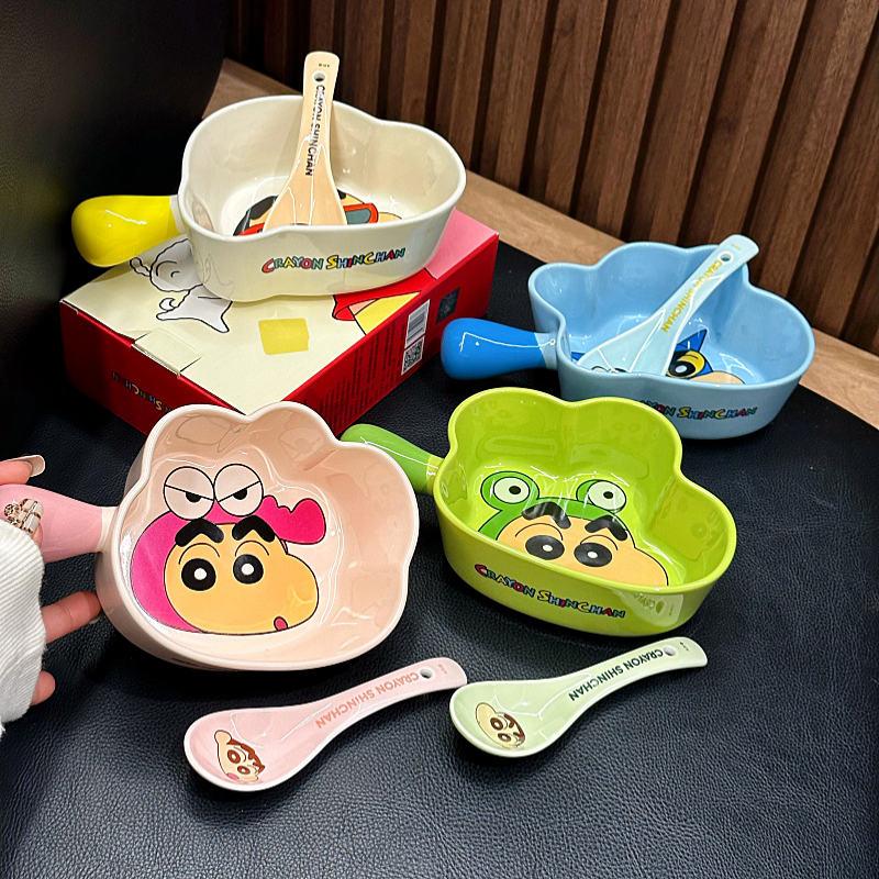 蜡笔小新陶瓷手柄大碗家用带把手泡面碗烤碗高颜值水果蔬菜沙拉碗