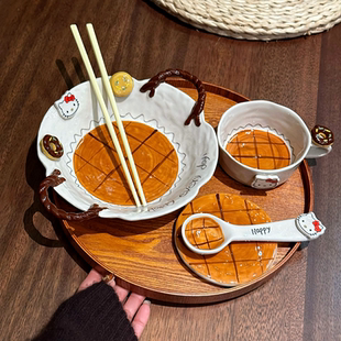 可爱陶瓷米饭碗盘子套装立体浮雕釉下彩耐高温餐具水果沙拉分隔盘