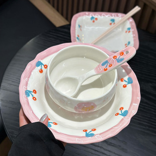 少女心樱桃米饭碗盘陶瓷餐具家用酸奶碗菜盘子高颜值釉下彩碗 日式