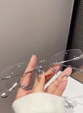 新款无框小方形平光镜男无度数气质韩版潮素颜防蓝光眼镜框女