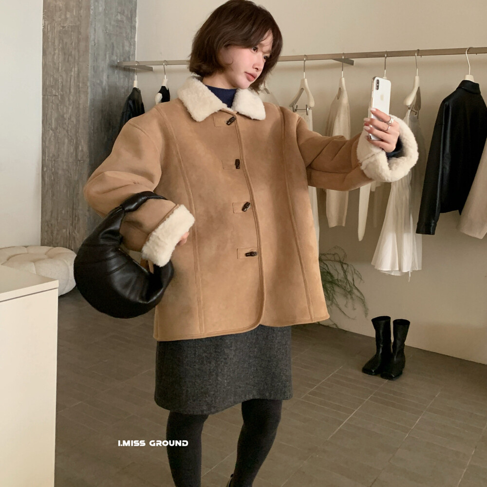 imiss 韩标！加厚羊羔毛2025新款女冬翻领麂皮绒保暖皮毛一体外套