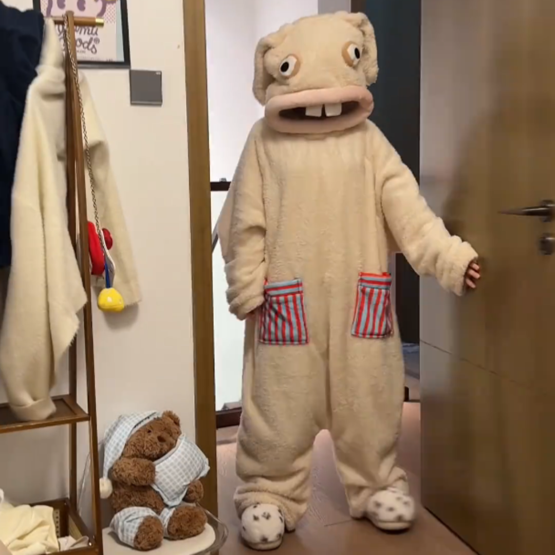 可爱搞怪大头鱼珊瑚绒连体睡衣连帽疯狂的兔子沙雕卡通家居服冬季