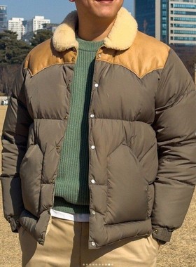 日本Rocky Mountain木村拓哉同款 复古拼皮羽绒服保暖外套夹克男