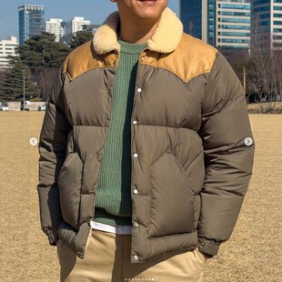 日本Rocky 复古拼皮羽绒服保暖外套夹克男 Mountain木村拓哉同款