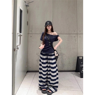 两件套装 时尚 松紧腰条纹宽松阔腿裤 T恤女夏季 休闲不规则斜肩短袖