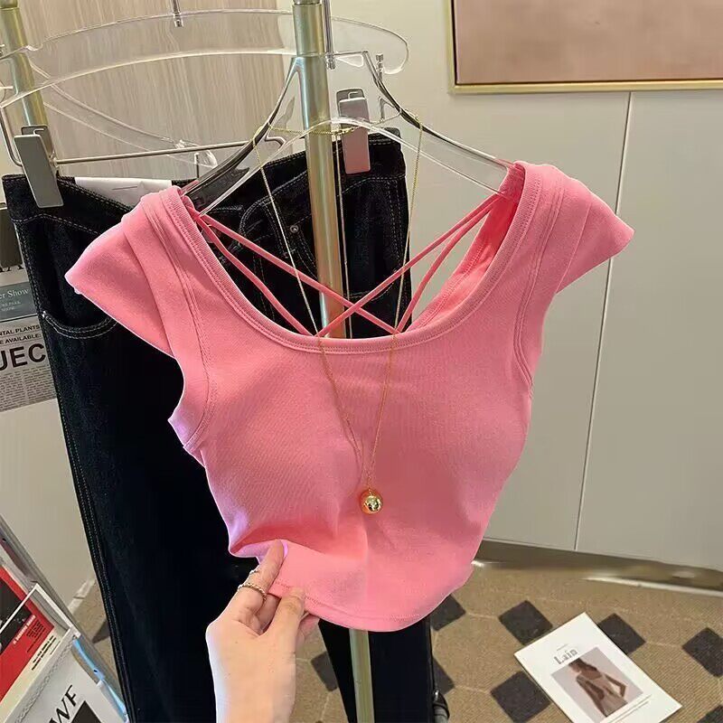 独特超好看短款上衣女夏款2025新款露背交叉纯欲性感辣妹胸垫T恤