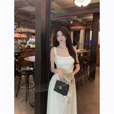 法式白色吊带绝美修身收腰长裙