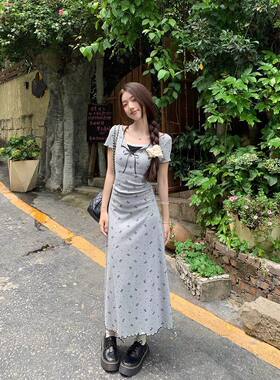 新中式假两件碎花连衣裙子女长裙