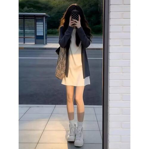 法式白色无袖背心连衣裙女套装