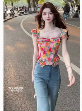 性感辣妹方领油画小飞袖吊带背心