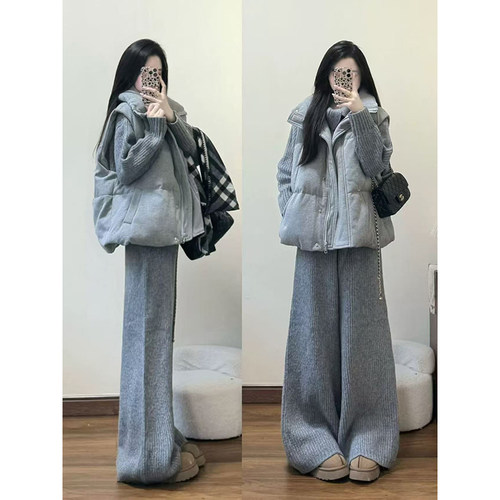 针织毛衣棉服马甲阔腿裤三件套女
