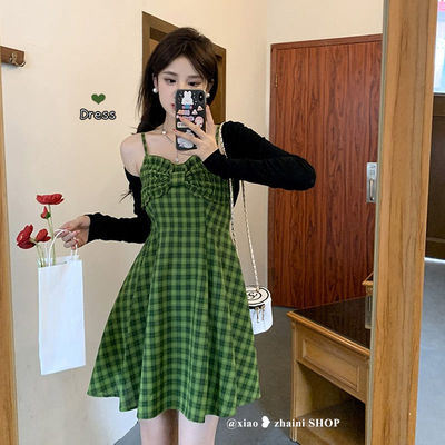 新中式国风复古绿色格子吊带裙女