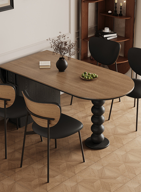中古风木纹岩板折叠餐桌小户型家用实木黑色复古椭圆形餐桌椅组合