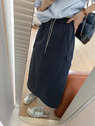 大码女装微胖妹妹mm抽绳工装休闲半身裙夏季宽松显瘦开叉直筒长裙