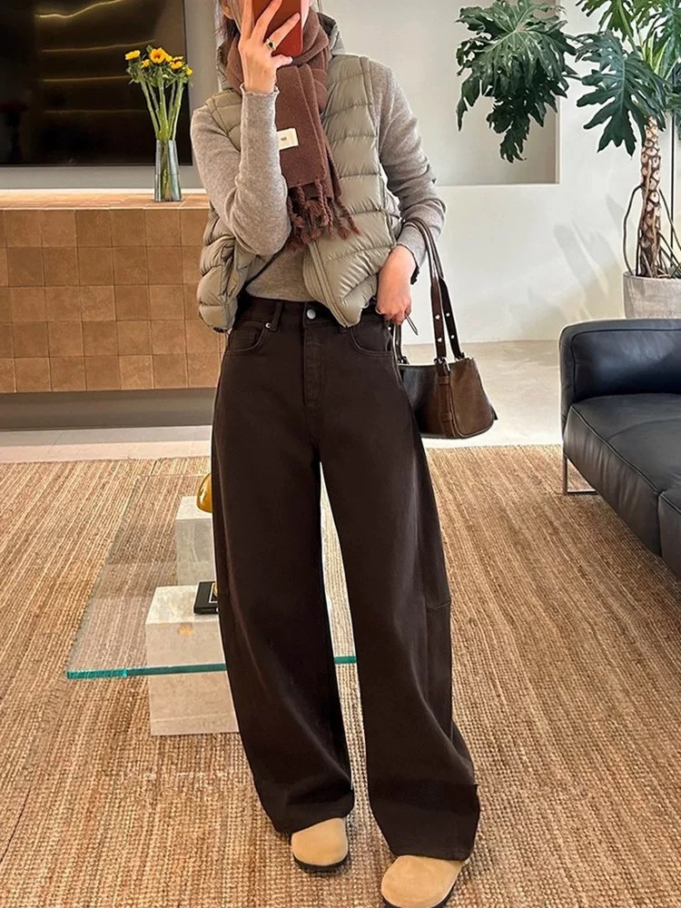 美拉德咖色直筒牛仔阔腿裤