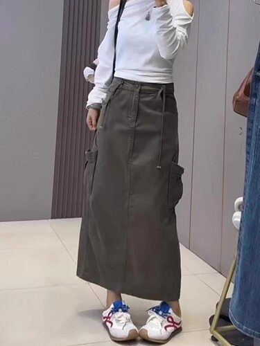 大码女装微胖mm多口袋工装A字半身裙秋高腰宽松遮胯显瘦中长裙子