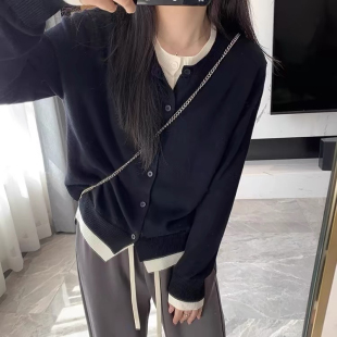 大码女装胖妹妹mm假两件针织排扣毛衣上衣秋冬洋气宽松显瘦长袖衫