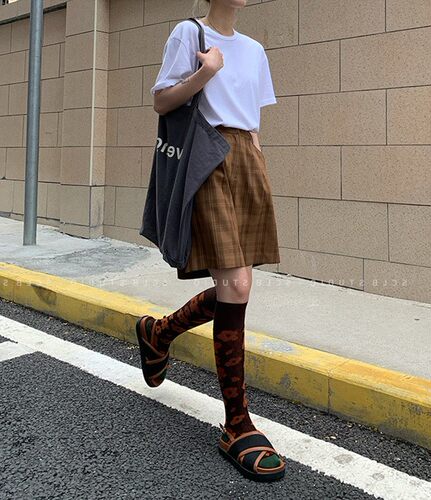 格子阔腿高腰宽松显瘦休闲五分裤