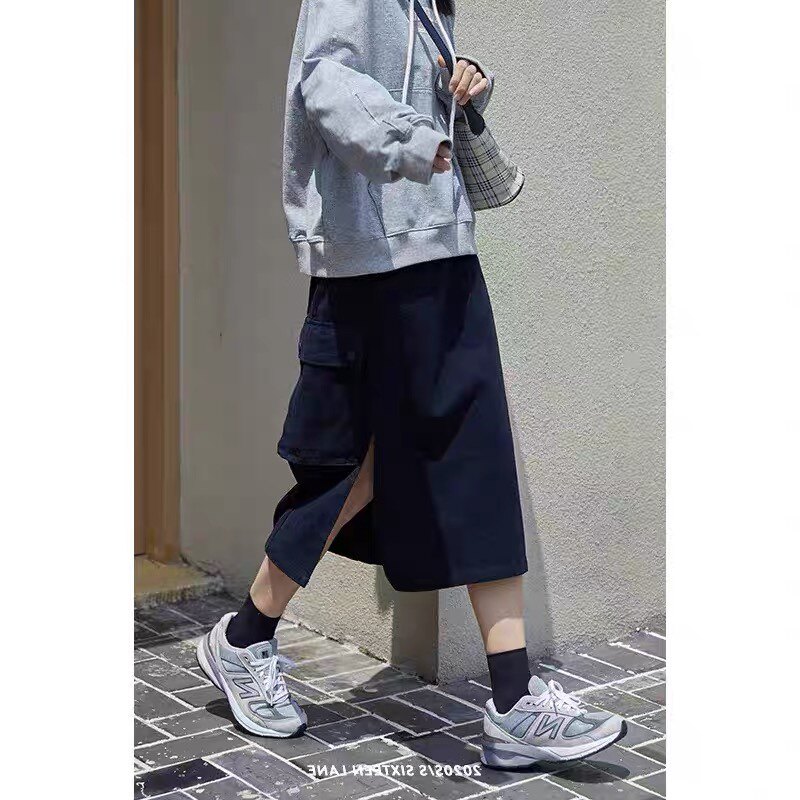 大码女装微胖妹妹mm美式工装开叉春秋高腰宽松显瘦休闲半身中长裙