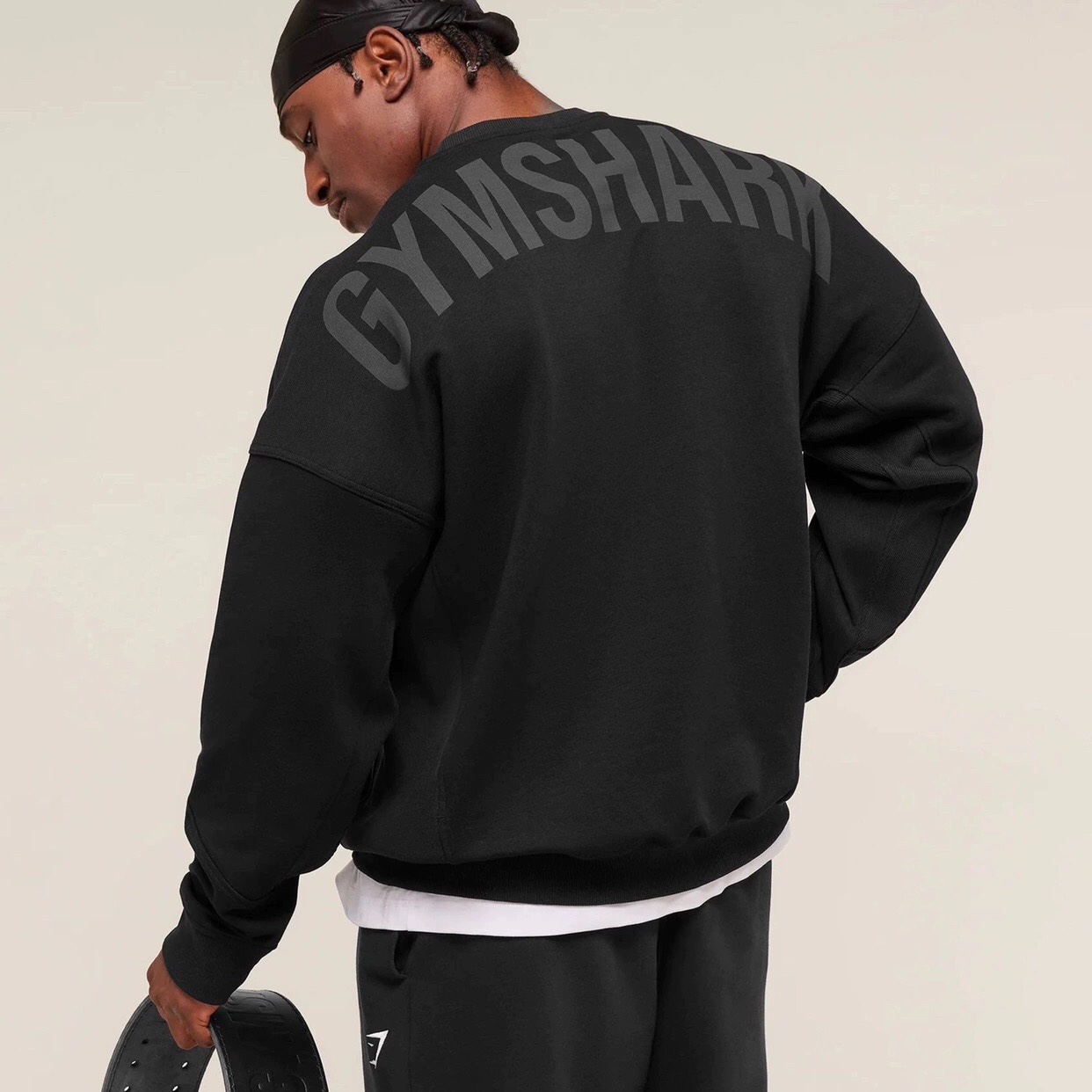 GYMSHARK美式街头字母印花圆领卫衣男黑色宽松长袖鲨鱼套头衫