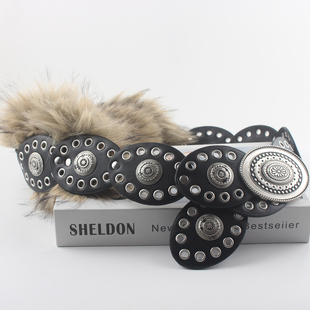 复古皮草毛腰带女装饰配裙子毛衣西装铆钉皮带宽腰封外搭波西米亚