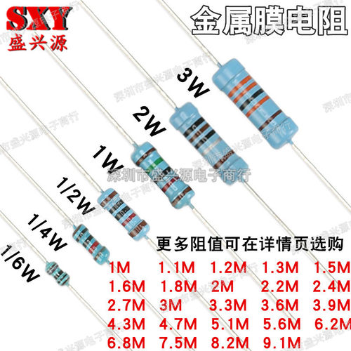 1/6W1/4W1/2W1W2W3W1%金属膜电阻1K1.5K1.8K2K3K4.7K5.1K6.8K7.5K