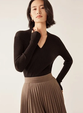 LICKY同款100%扬子纱羊毛针织衫秋季新款女装v领精致坑条修身毛衣