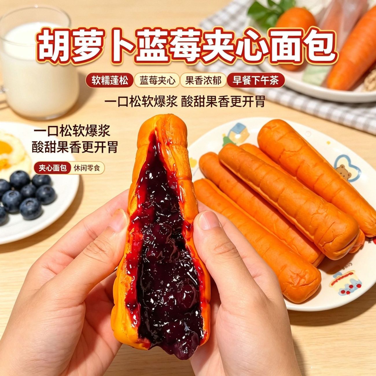 蓝莓味夹心红胡萝卜原浆早餐面包